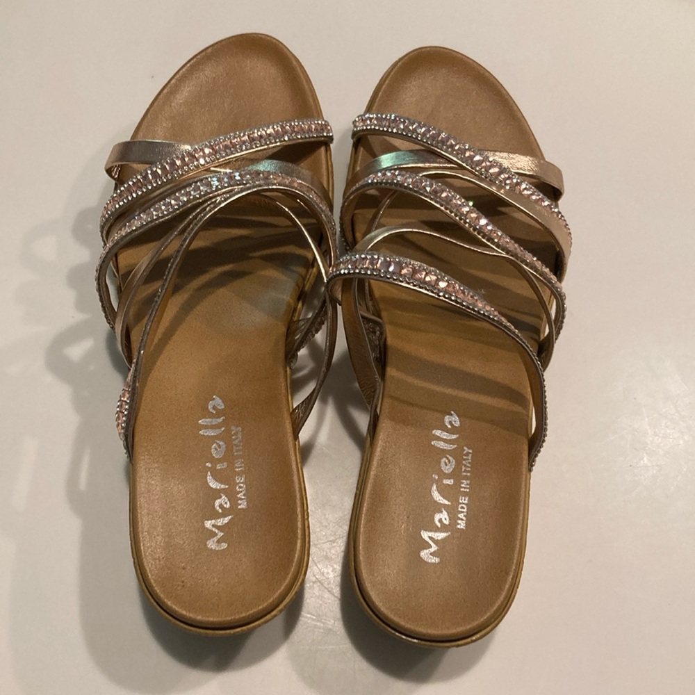 Mariella Women’s Size 8 Tan Leather Strappy Wedge Open-Toe Dress Sandals